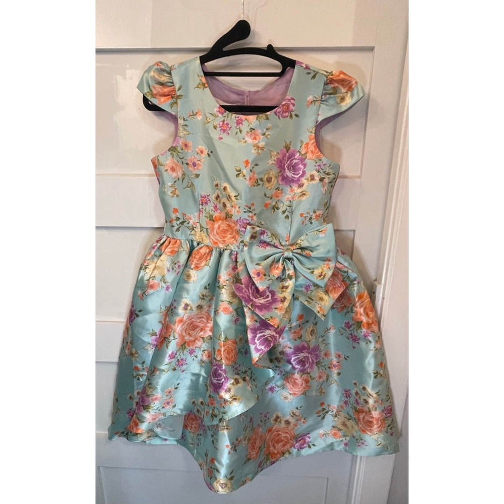 Bonnie Jean Girls 16 Aqua Floral Satin Fit & Flare Dress Bow Back Easter